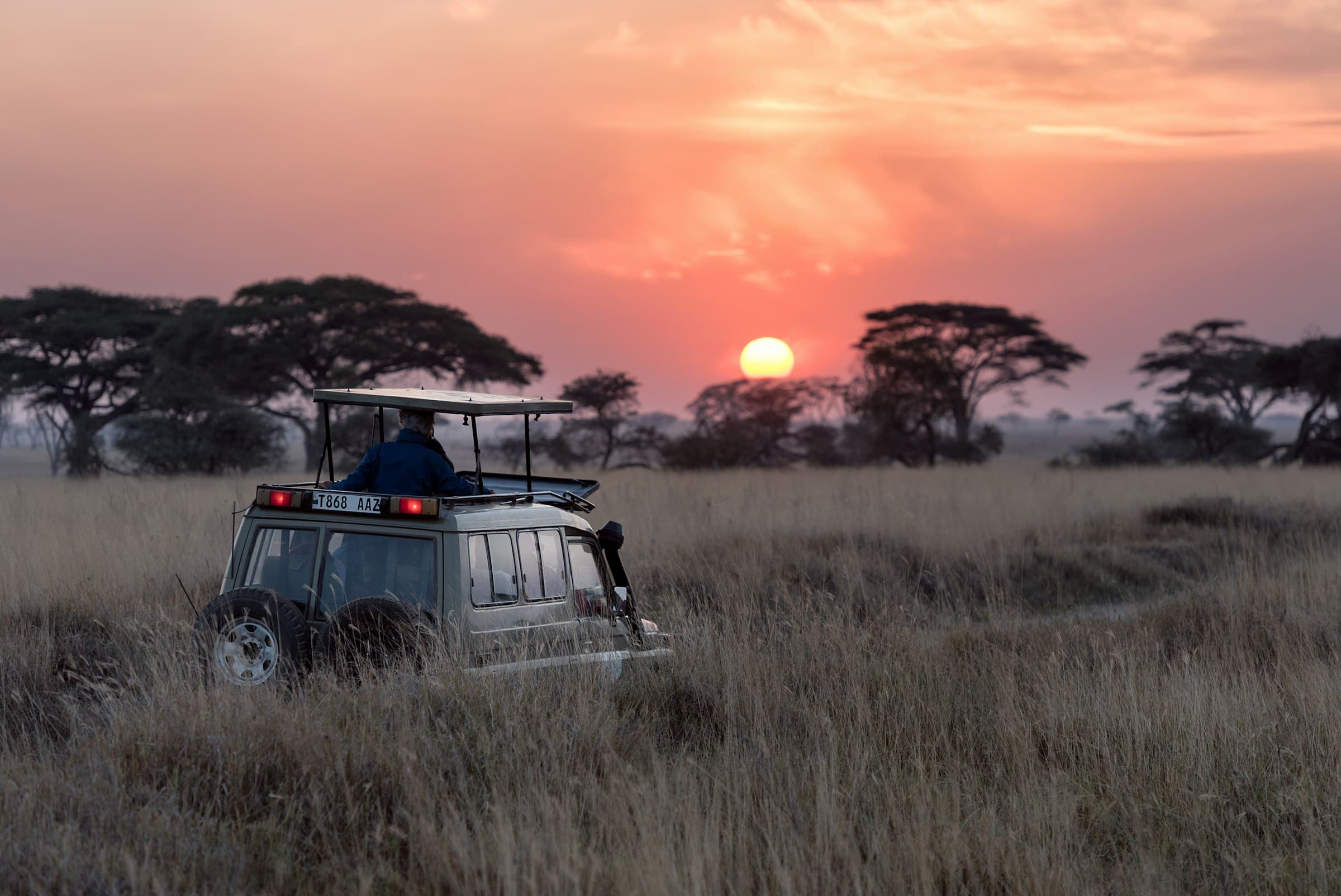 A safari vehicle at first light in the Jawai wilderness